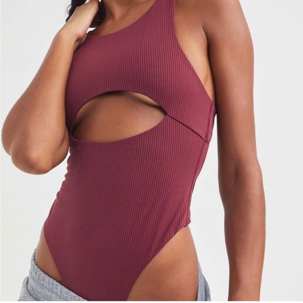 For Love & Lemons Brand Women's XS Maroon Rib Keyhole Thong One Piece Swimsuit